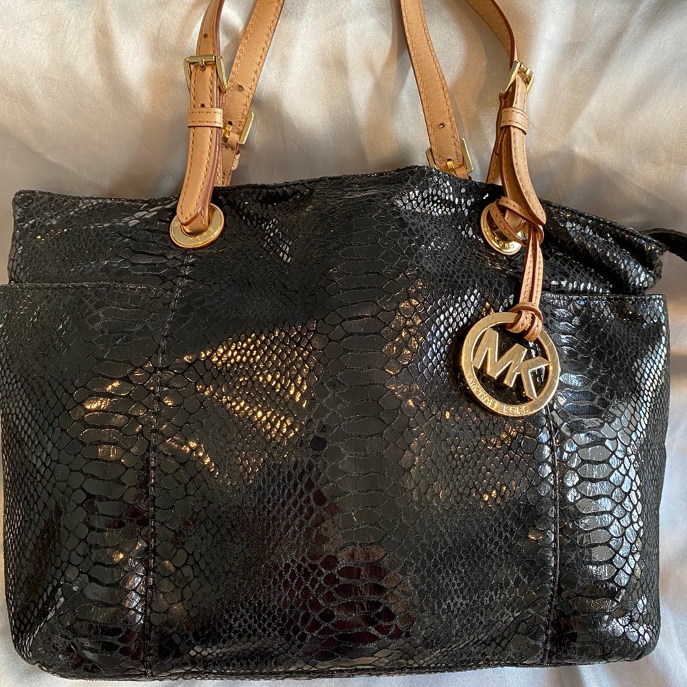 Michael Kors Black Leather Snakeskin Tote w/FREE Wallet - 2 piece set